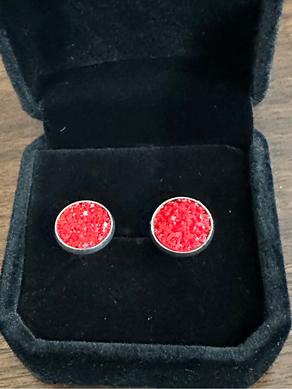 Authentic Red Crystal Druzy Round Stud Earrings - Women Jewelry-Silver